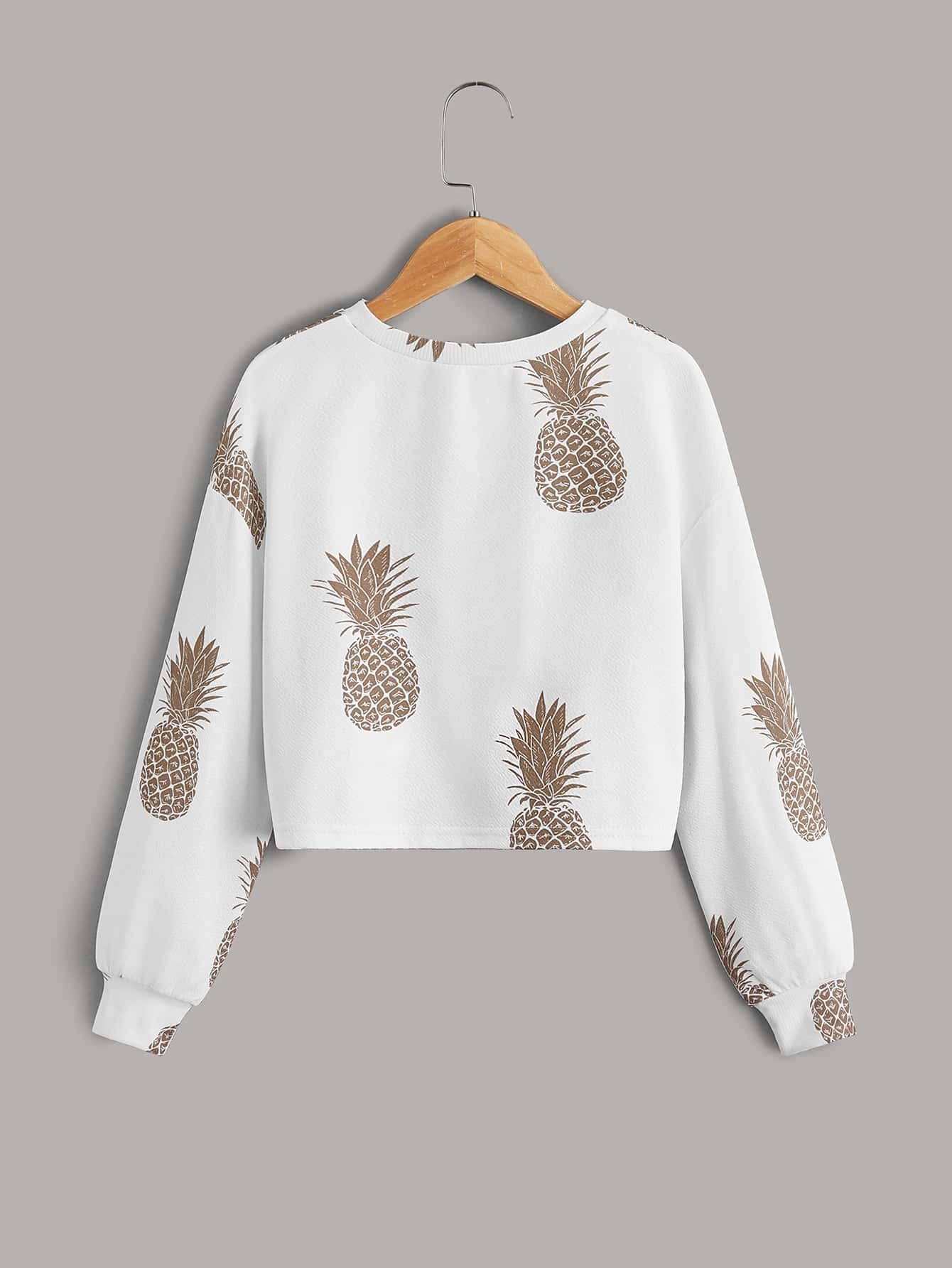 SOLY HUX Girl's Long Sleeve Twist Front Sweatshirt Pineapple Print Pullover Crop Tops White 11-12Y