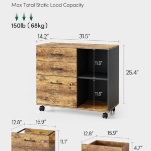 FEZIBO 3-Drawer Mobile File Cabinet, Lateral Filing Cabinet with Lock, Printer Stand with Open Storage Shelves for Home Office, Filing Cabinets for Home Office, Vintage&Black