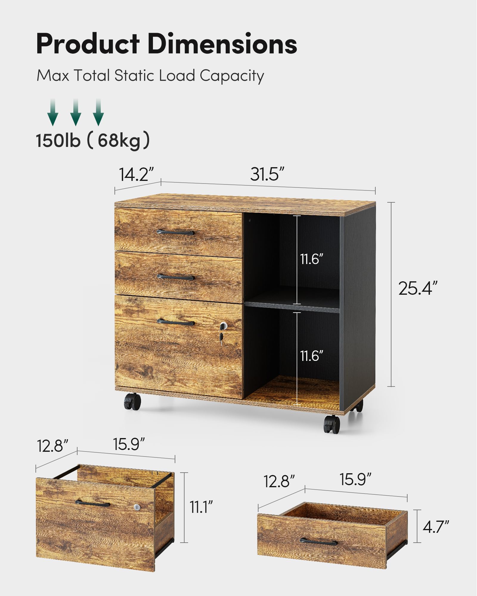 FEZIBO 3-Drawer Mobile File Cabinet, Lateral Filing Cabinet with Lock, Printer Stand with Open Storage Shelves for Home Office, Filing Cabinets for Home Office, Vintage&Black