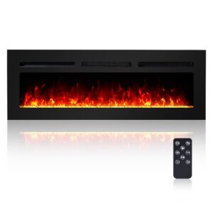 pioneerworks 50 inch electric fireplace inserts, recessed and wall mounted electric fireplace heater with wireless remote control, 1500w/750w switch at will,12 flame color adjustable