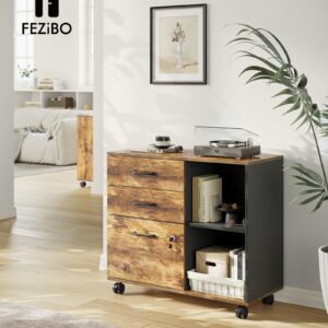 FEZIBO 3-Drawer Mobile File Cabinet, Lateral Filing Cabinet with Lock, Printer Stand with Open Storage Shelves for Home Office, Filing Cabinets for Home Office, Vintage&Black
