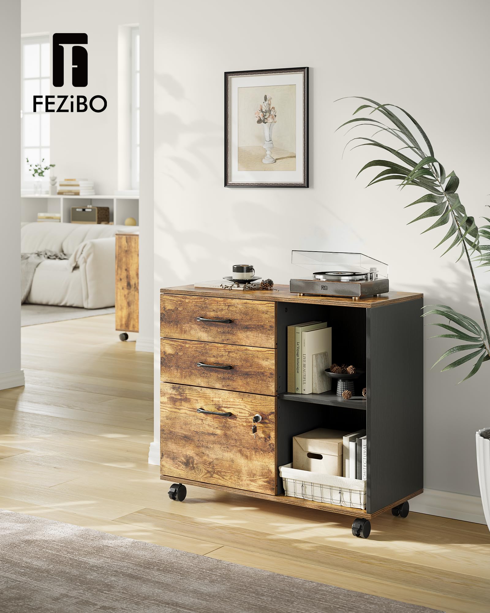 FEZIBO 3-Drawer Mobile File Cabinet, Lateral Filing Cabinet with Lock, Printer Stand with Open Storage Shelves for Home Office, Filing Cabinets for Home Office, Vintage&Black