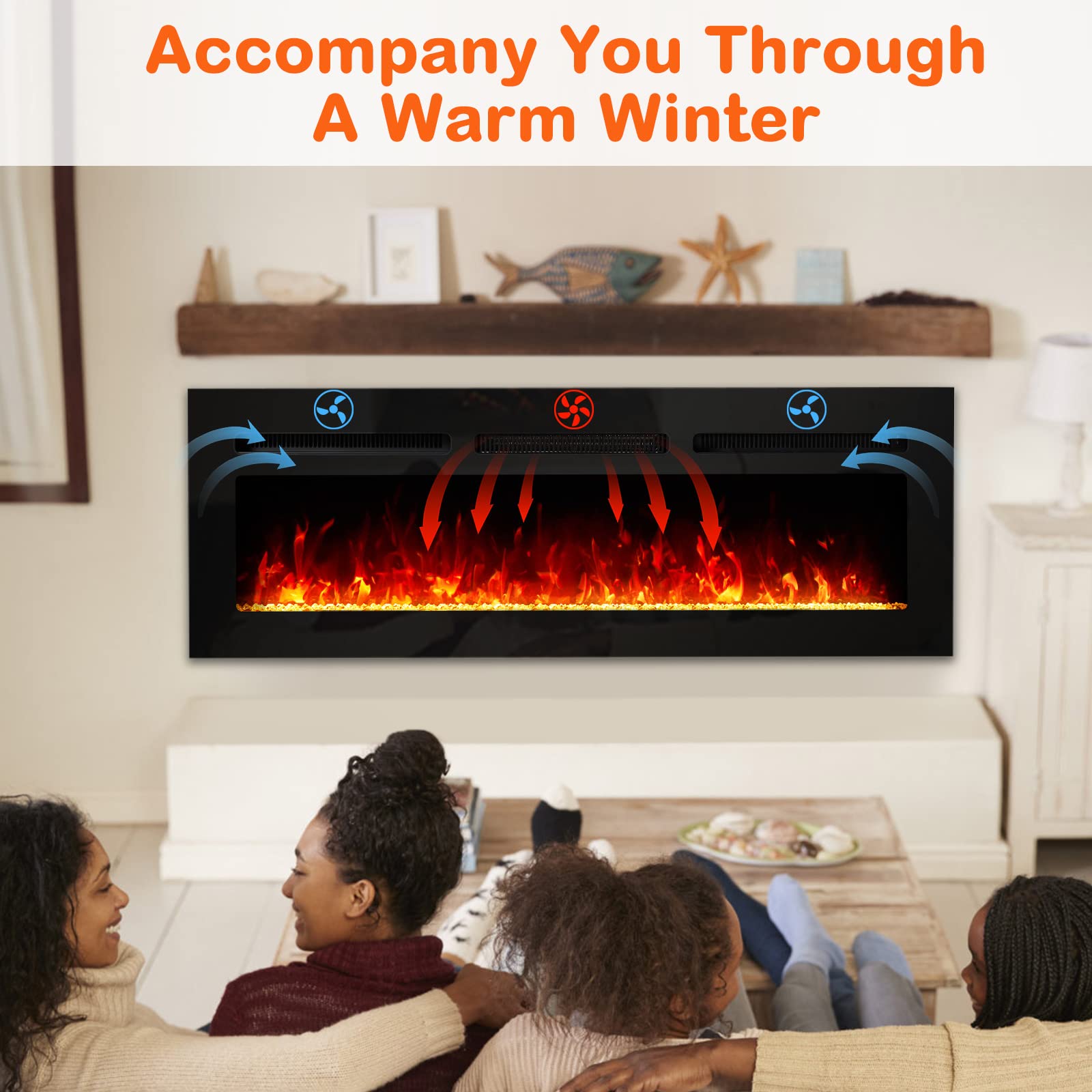 PIONEERWORKS 50 Inch Electric Fireplace Inserts, Recessed and Wall Mounted Electric Fireplace Heater with Wireless Remote Control, 1500W/750W Switch at Will,12 Flame Color Adjustable