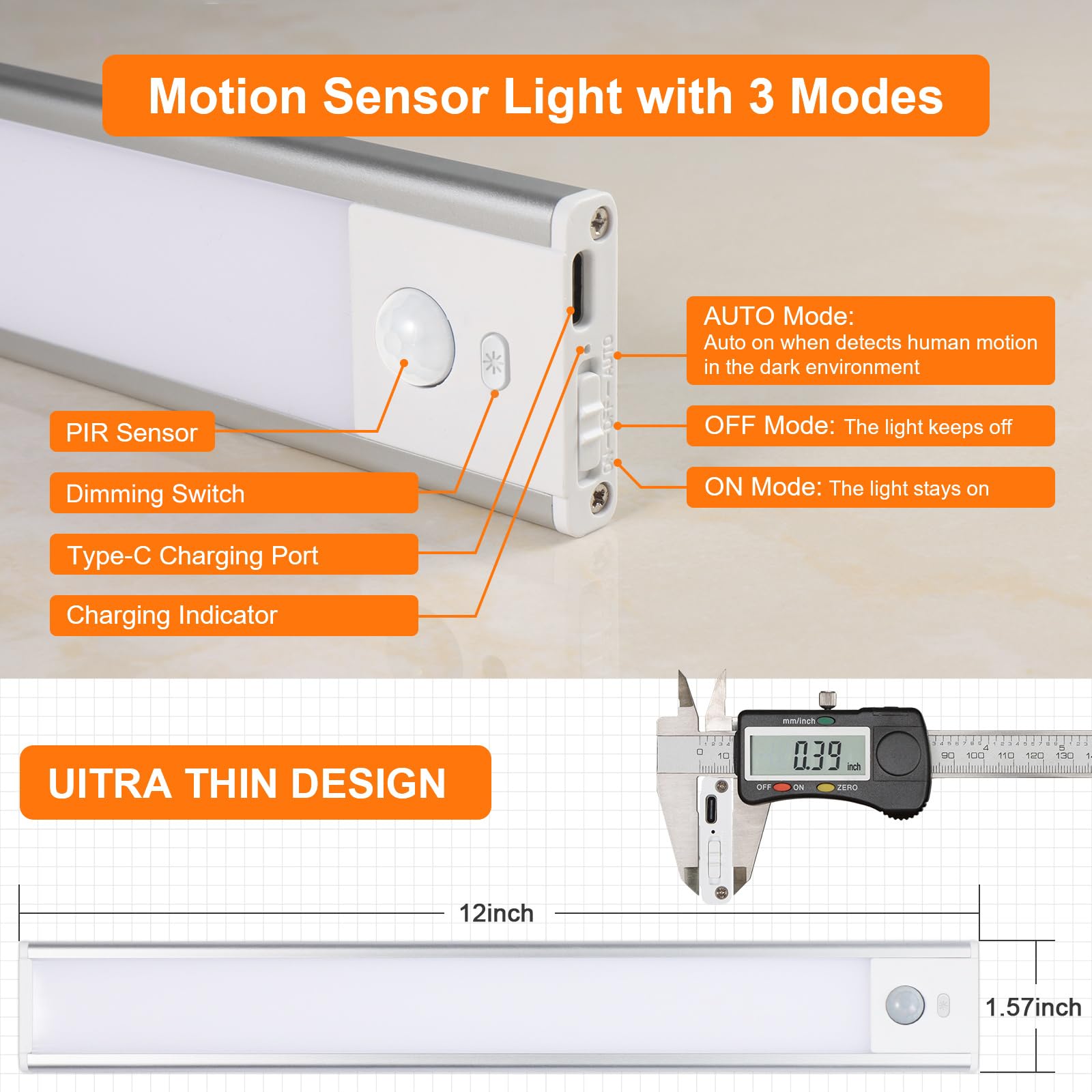 Okumoe [2 Pack] LED Motion Sensor Under Cabinet Lights, 36 LEDs Wireless Rechargeable Under Counter Light, 1500 mAh Battery Operated Smart Home Lighting for Kitchen, Closets, Wardrobe, Hallway