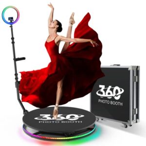 peepoleck 360 photo booth machine 80cm with flight case, 360 degree rotating camera booth, logo customization, 3 people stand on remote control automatic spin for parties 31.5''