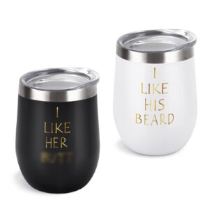 homlouue i like his beard, i like her couples wine tumbler set, funny wedding engagement gifts for husband wife bride groom his her anniversary, 12 oz stainless steel wine tumbler, set of 2