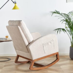 CALABASH Rocking Chair Nursery,Modern Comfy Armchair with Side Pocket,Mid-Century Upholstered Glider Rocker Chairs for Baby/Kids Room and Living Room (New Beige)