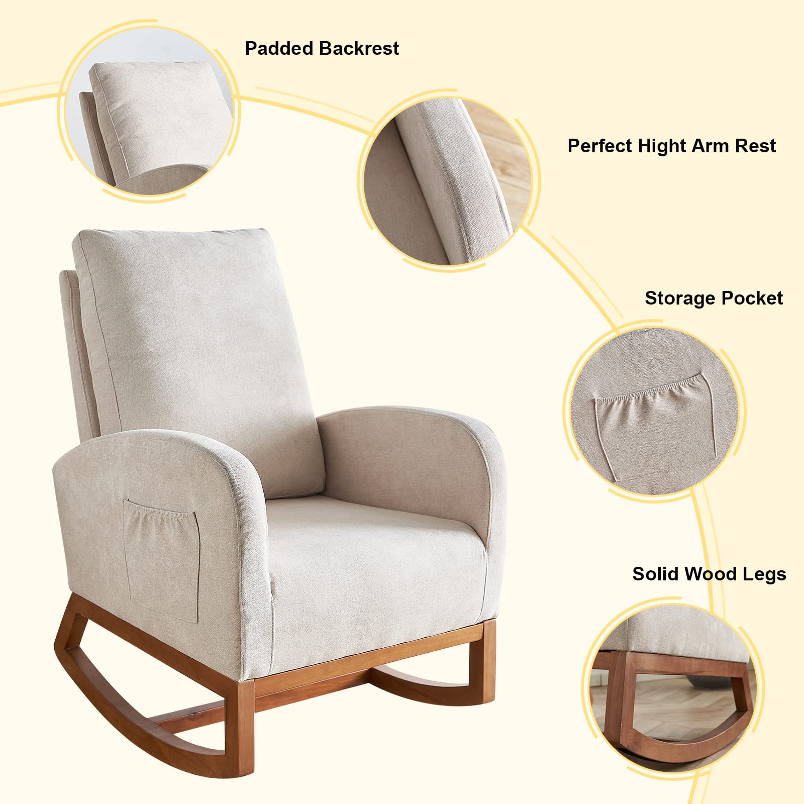 CALABASH Rocking Chair Nursery,Modern Comfy Armchair with Side Pocket,Mid-Century Upholstered Glider Rocker Chairs for Baby/Kids Room and Living Room (New Beige)