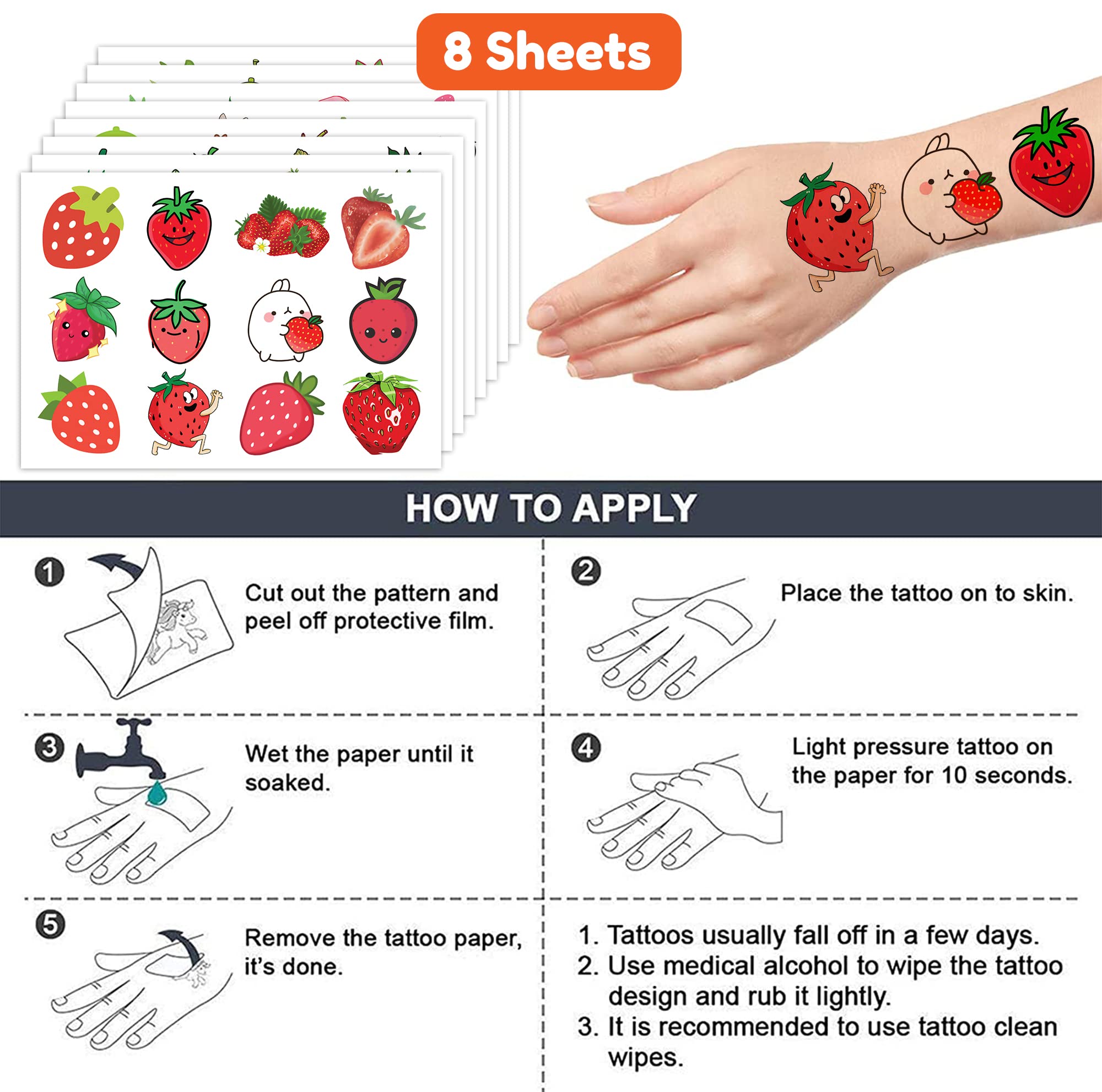 Strawberry Temporary Tattoos Berry First Birthday Party Supplies Decorations 96PCS Cute Tattoos Stickers Party Favors Kids Gifts Girls Boys Classroom School Prizes Themed