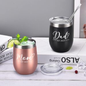 Homlouue New Parents Gift, Mom Dad Est 2023 Wine Tumbler Set for New Mom Dad Baby Shower New Pregnancy Baby Announcement, 12 Oz Insulated Stainless Steel Wine Tumbler, Set of 2, Black & Rose Gold