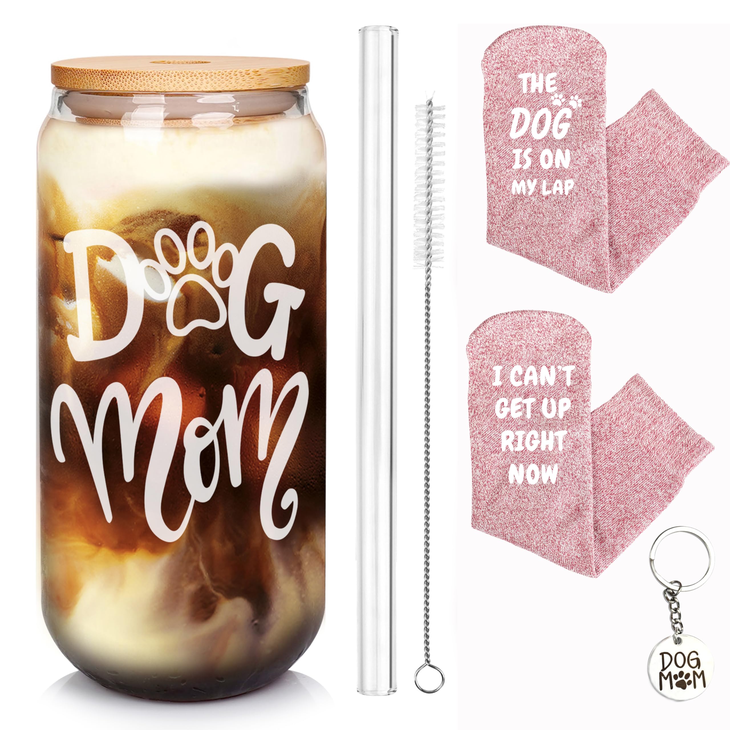 Gift for Dog Lover Women, Glass Cup and Sock for Dog Mom, Dog Mom Socks, Dog Lover Gift, Can Shaped Glass Cups, 20oz Drinking Glasses with Bamboo Lid and Glass Straw, Reusable Cup for Dog Lovers