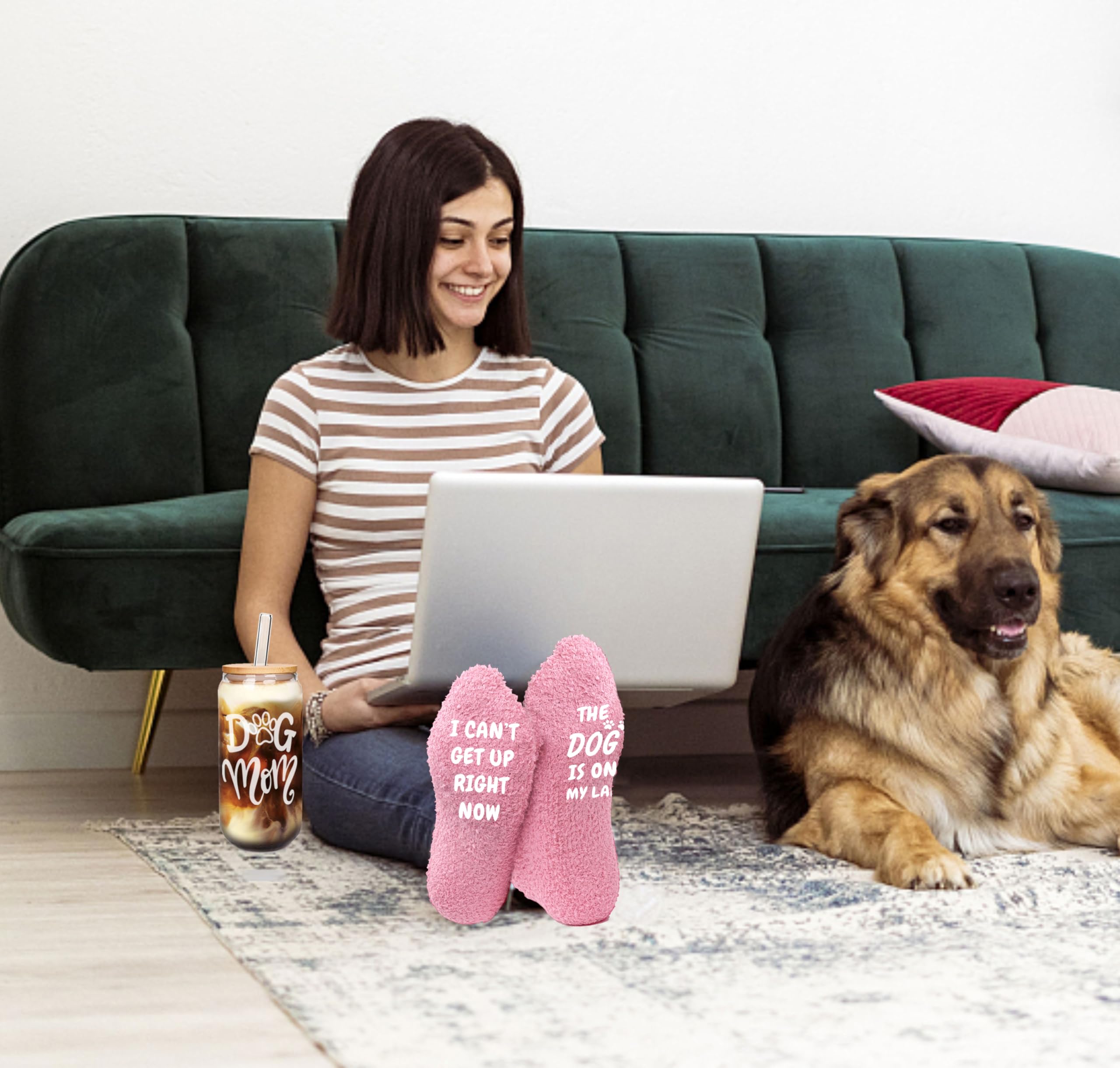 Gift for Dog Lover Women, Glass Cup and Sock for Dog Mom, Dog Mom Socks, Dog Lover Gift, Can Shaped Glass Cups, 20oz Drinking Glasses with Bamboo Lid and Glass Straw, Reusable Cup for Dog Lovers