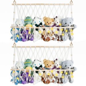 2 Pcs Stuffed Animal Hammock with LED Light, No Battery, Macrame Stuffed Animal Toy Hammock for Neatly Store Hanging Plush Animals Toys Animals Net Storage Organizer for Nursery Play Room Bedroom