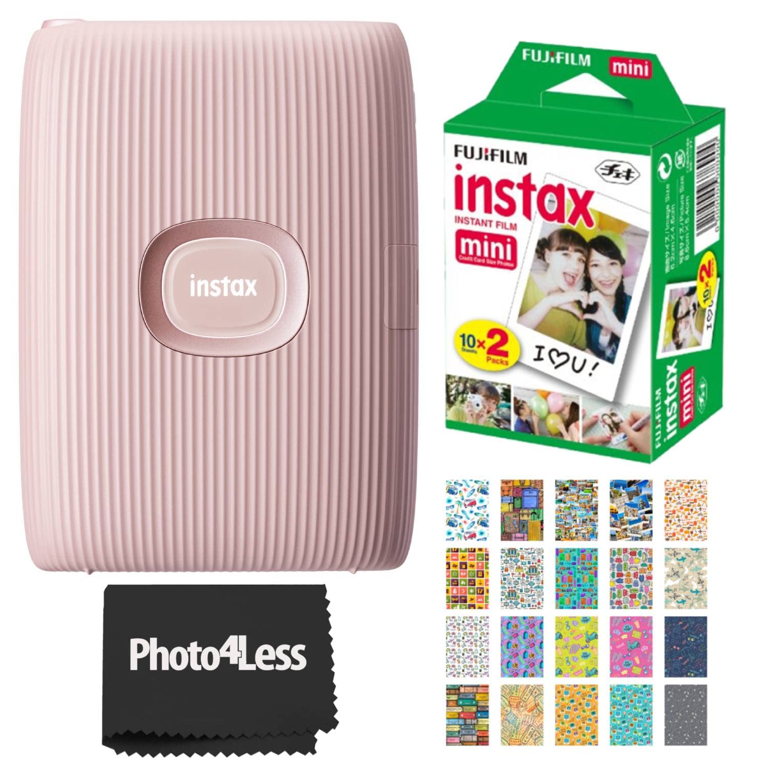 Fujifilm Instax Mini Link 2 Smartphone Printer Soft Pink Bundle Instax Mini Twin Pack Instant Film and 20 Sticker Frames (4 Items)