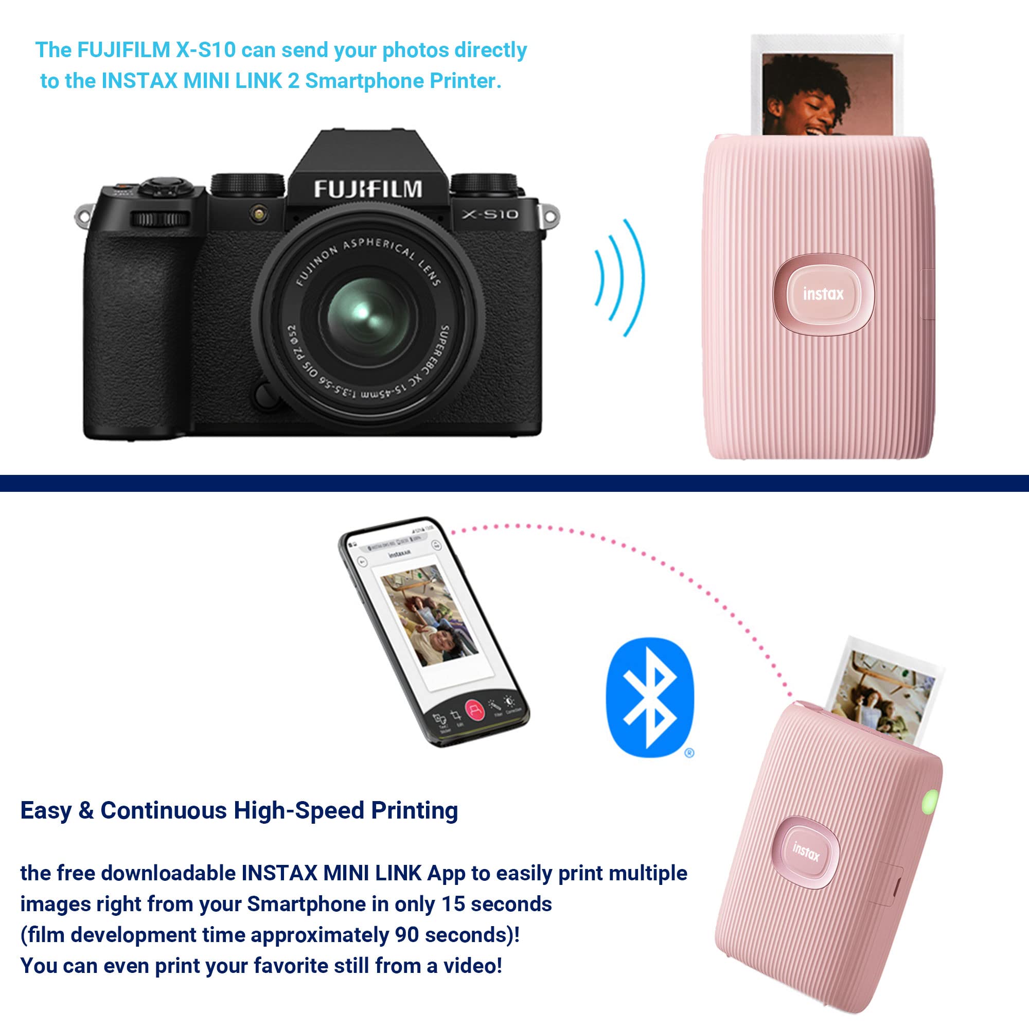 Fujifilm Instax Mini Link 2 Smartphone Printer Soft Pink Bundle Instax Mini Twin Pack Instant Film and 20 Sticker Frames (4 Items)