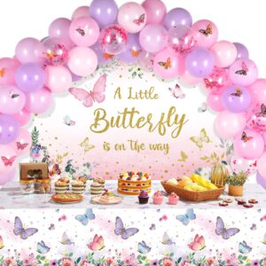 butterfly baby shower decorations set a little butterfly is on the way photography backdrop pink purple balloon garland arch kit butterfly tablecloths for baby girls shower supplies decor