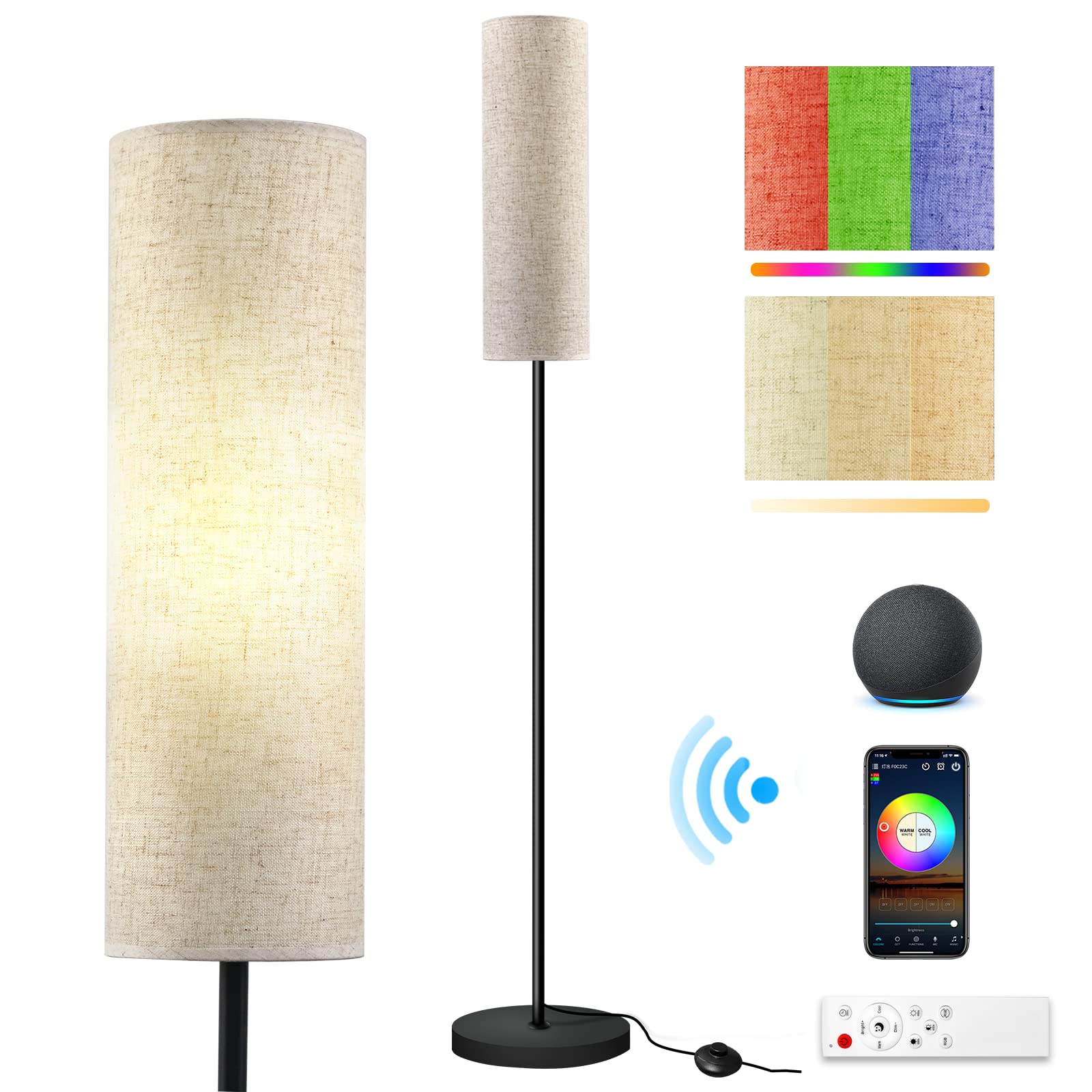 RGB Floor Lamp LED Smart: Standing Lamp Work with Alexa & Google Home | Tall Modern Bright Corner Lamps with Remote & WiFi APP for Living Room Bedroom Office Dorm, Simple Linen Lampshade Dimming Light