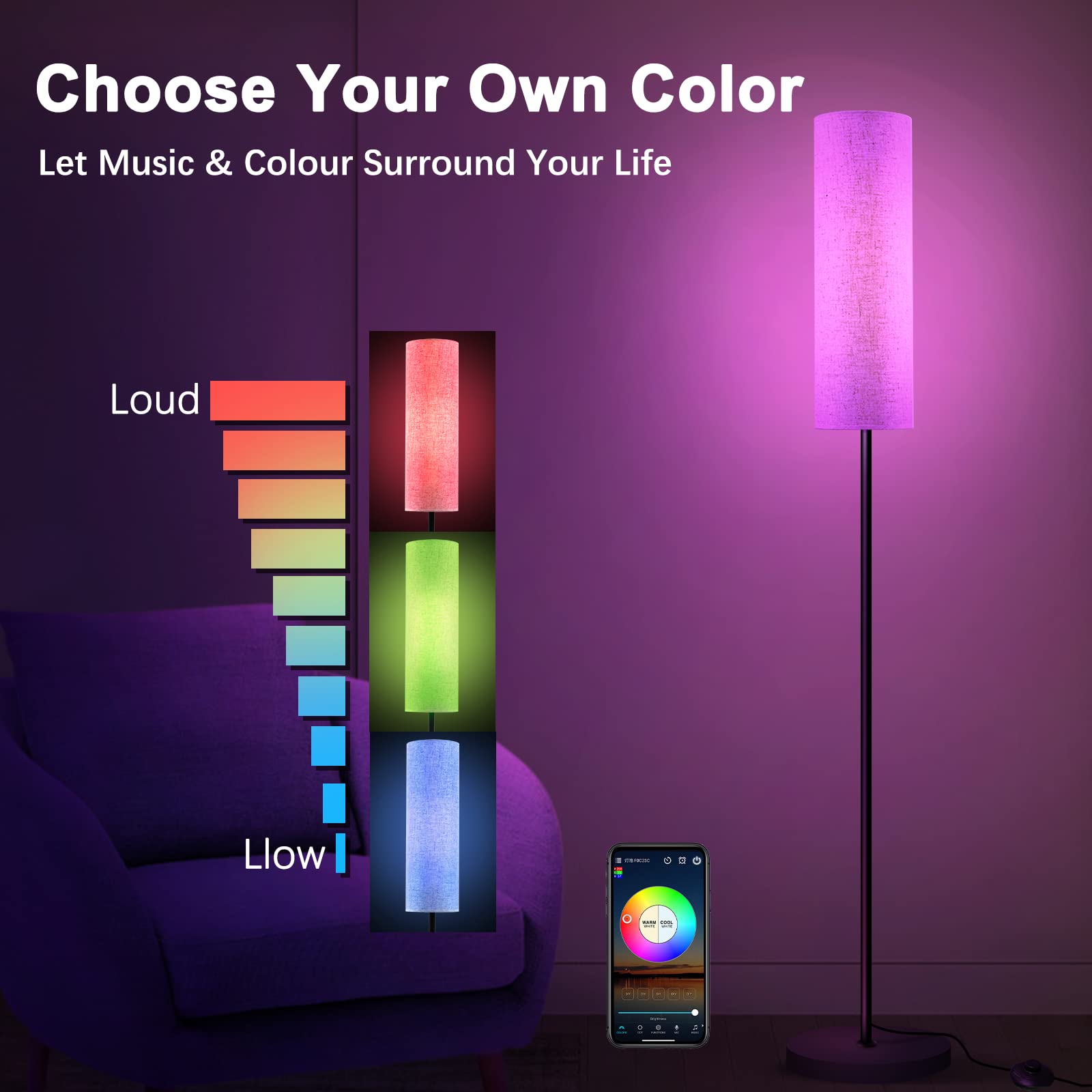 RGB Floor Lamp LED Smart: Standing Lamp Work with Alexa & Google Home | Tall Modern Bright Corner Lamps with Remote & WiFi APP for Living Room Bedroom Office Dorm, Simple Linen Lampshade Dimming Light