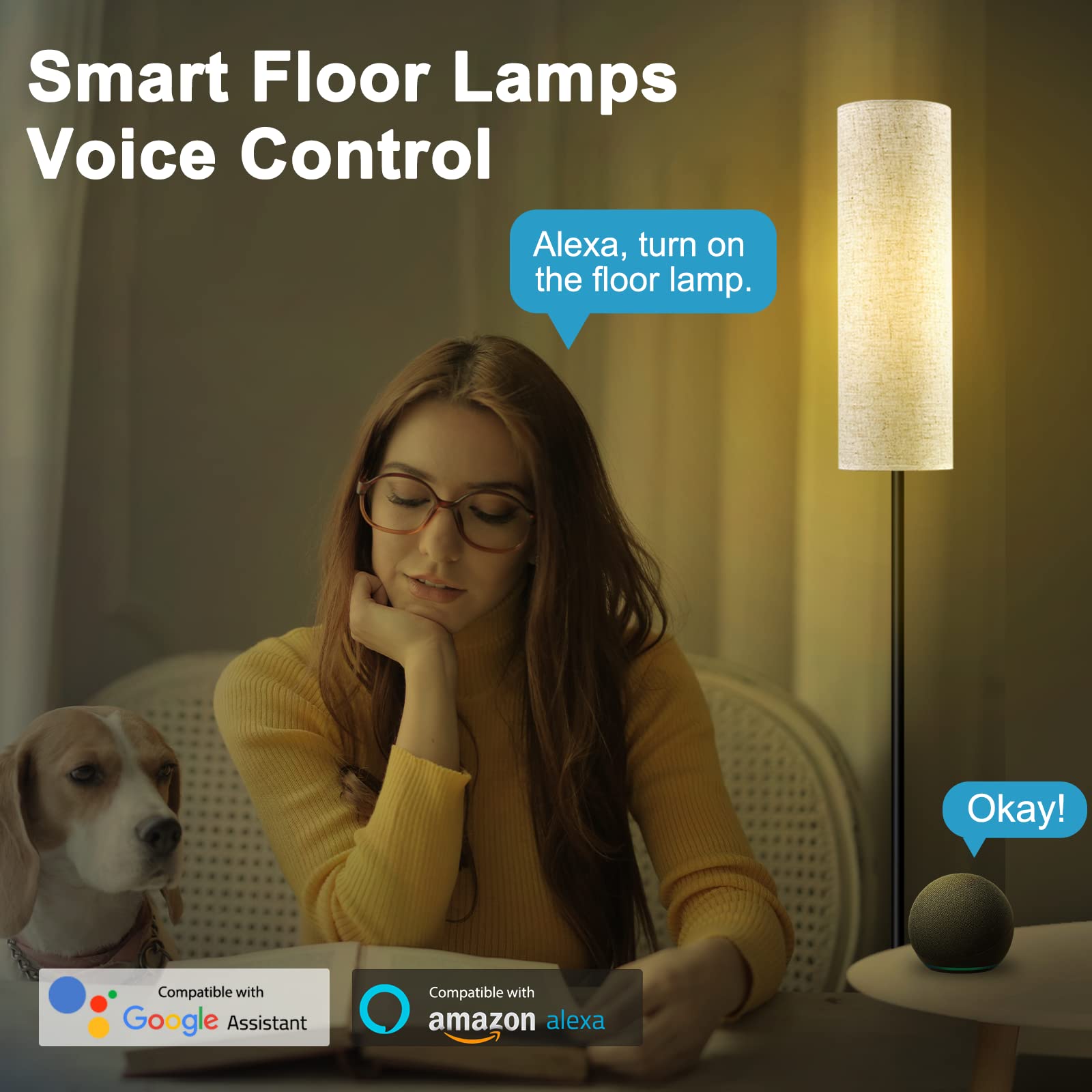 RGB Floor Lamp LED Smart: Standing Lamp Work with Alexa & Google Home | Tall Modern Bright Corner Lamps with Remote & WiFi APP for Living Room Bedroom Office Dorm, Simple Linen Lampshade Dimming Light