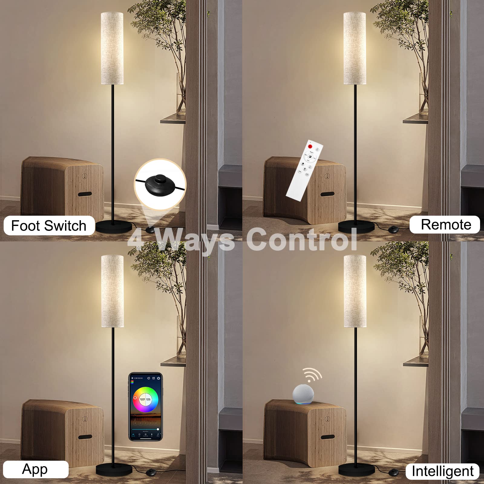 RGB Floor Lamp LED Smart: Standing Lamp Work with Alexa & Google Home | Tall Modern Bright Corner Lamps with Remote & WiFi APP for Living Room Bedroom Office Dorm, Simple Linen Lampshade Dimming Light