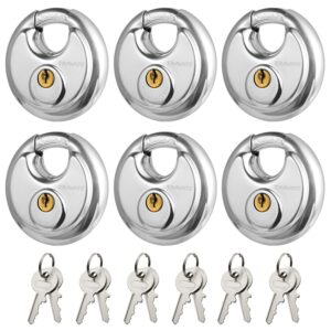 travate keyed alike disc padlock, 6pcs stainless steel discus lock with 2-3/4 in. wide, 3/8 in. diameter shackle, waterproof discus lock for storage unit, sheds, garages and fence