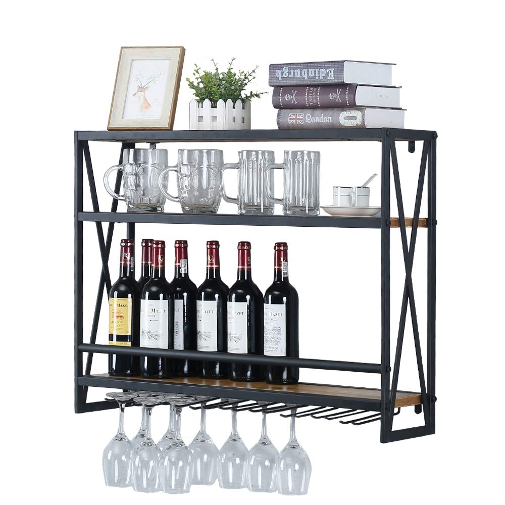 OLDRAINBOW Industrial Wine Racks Wall Mounted with 8 Stem Glass Holder,Rustic Metal Hanging Wine Holder,3-Tiers Wall Mount Bottle Holder Glass Rack,Wood Shelves Wall Shelf (Black, 31.5in)