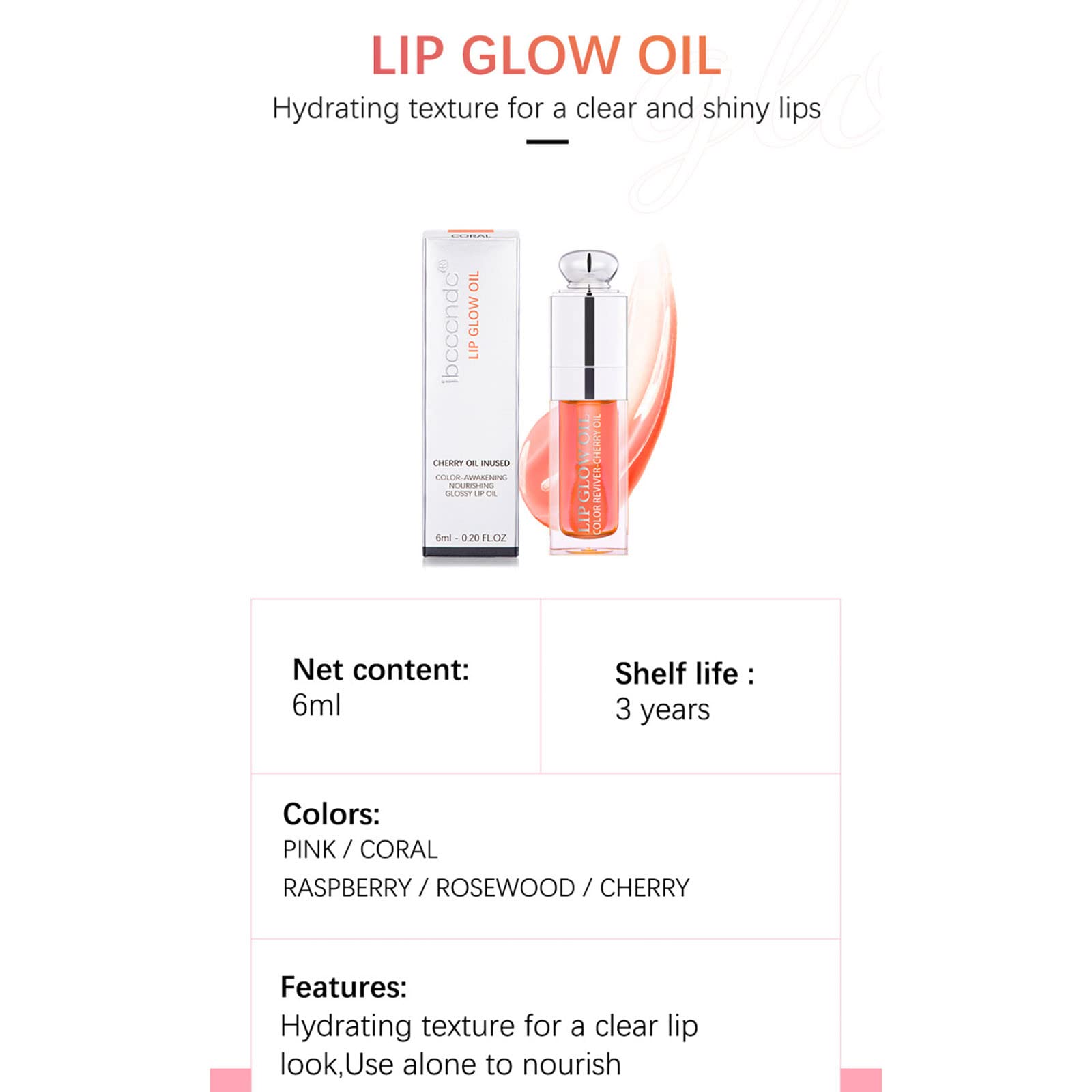 HJuyYuah Hydrating Lip Glow Oil Plumping Lip Tint Transparent Lip Care Oil Non-sticky Big Brush Head Glitter Shine Primer Lip Tint 6ML (#03)