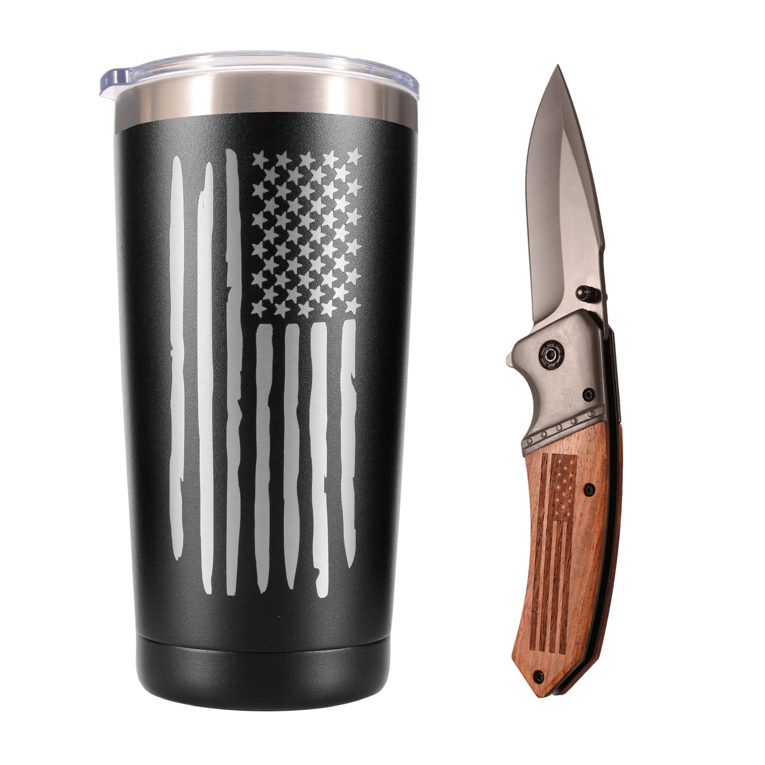 American Flag Gifts Set For Men, 20 oz Travel Coffee Tumbler & Mug With Pocket Knife, Unique Patriotic Military Gifts For Veterans, Police, Fathers Day, Christmas, Birthday, Valentine, Thanksgiving