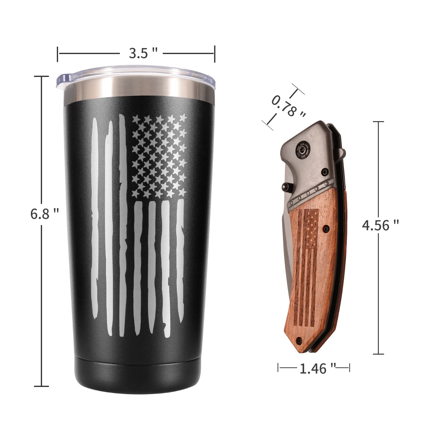 American Flag Gifts Set For Men, 20 oz Travel Coffee Tumbler & Mug With Pocket Knife, Unique Patriotic Military Gifts For Veterans, Police, Fathers Day, Christmas, Birthday, Valentine, Thanksgiving