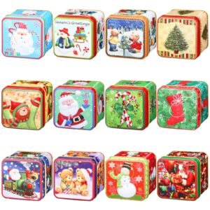 12 pieces christmas cookie tins xmas square candy tinplate tins large capacity retro with lids cookie containers for storing candies biscuits treat tea small gift and more (cute)