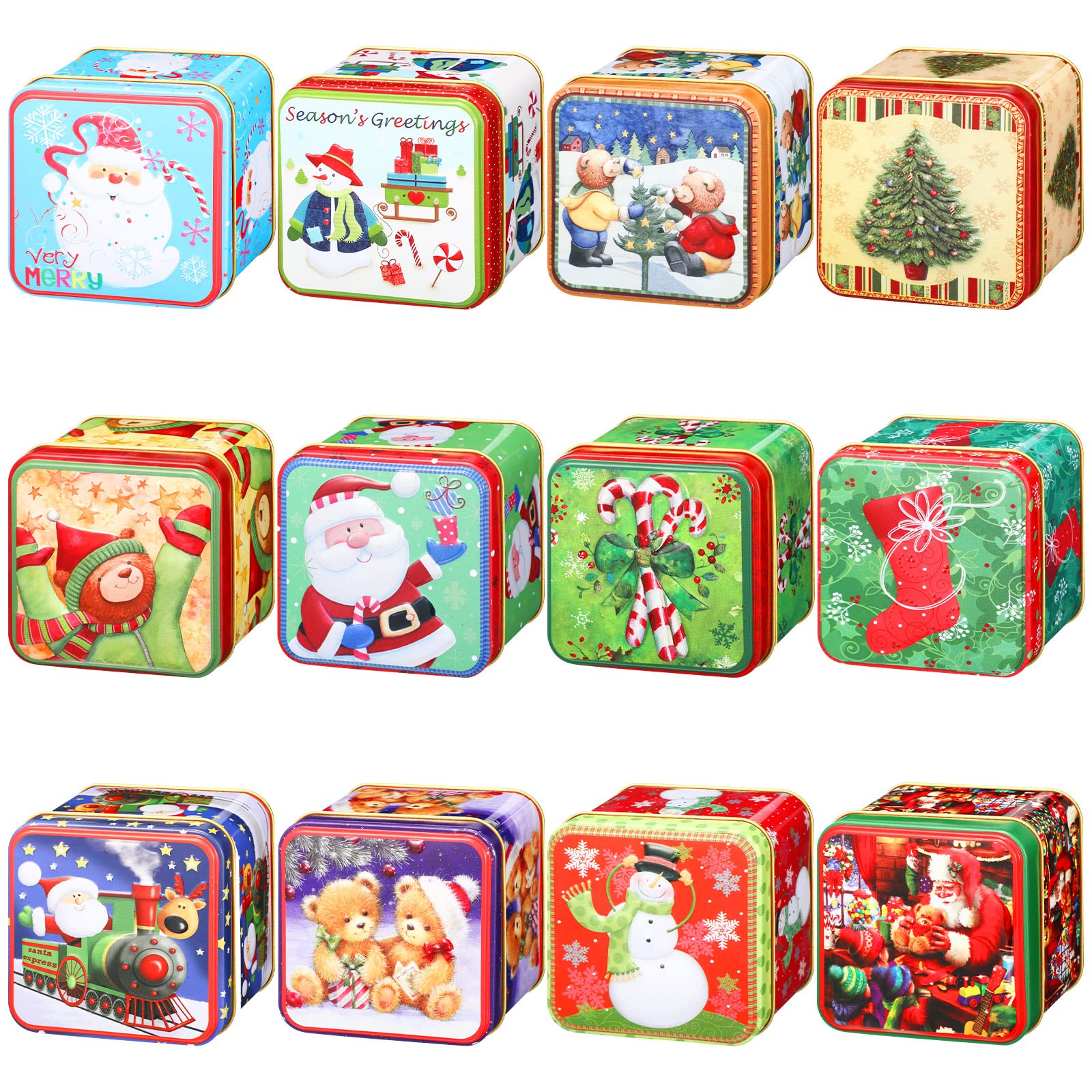 12 Pieces Christmas Cookie Tins Xmas Square Candy Tinplate Tins Large Capacity Retro with Lids Cookie Containers for Storing Candies Biscuits Treat Tea Small Gift and More (Cute)