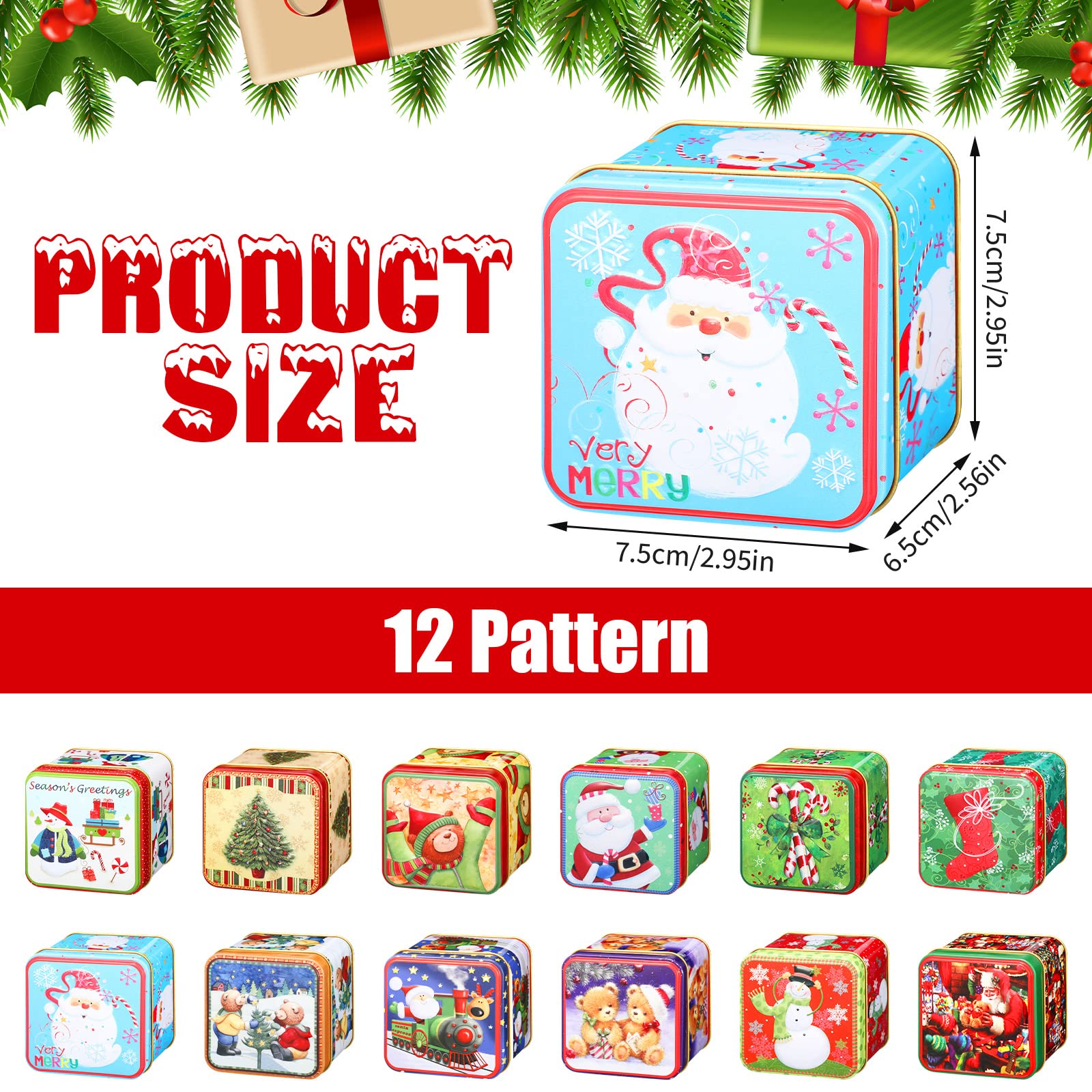 12 Pieces Christmas Cookie Tins Xmas Square Candy Tinplate Tins Large Capacity Retro with Lids Cookie Containers for Storing Candies Biscuits Treat Tea Small Gift and More (Cute)