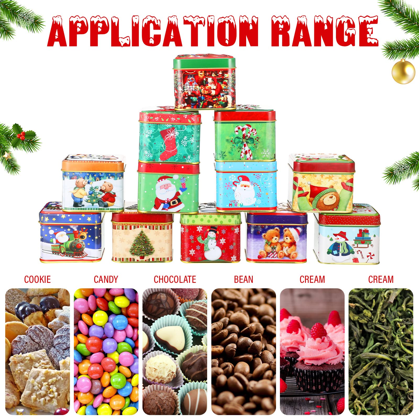 12 Pieces Christmas Cookie Tins Xmas Square Candy Tinplate Tins Large Capacity Retro with Lids Cookie Containers for Storing Candies Biscuits Treat Tea Small Gift and More (Cute)