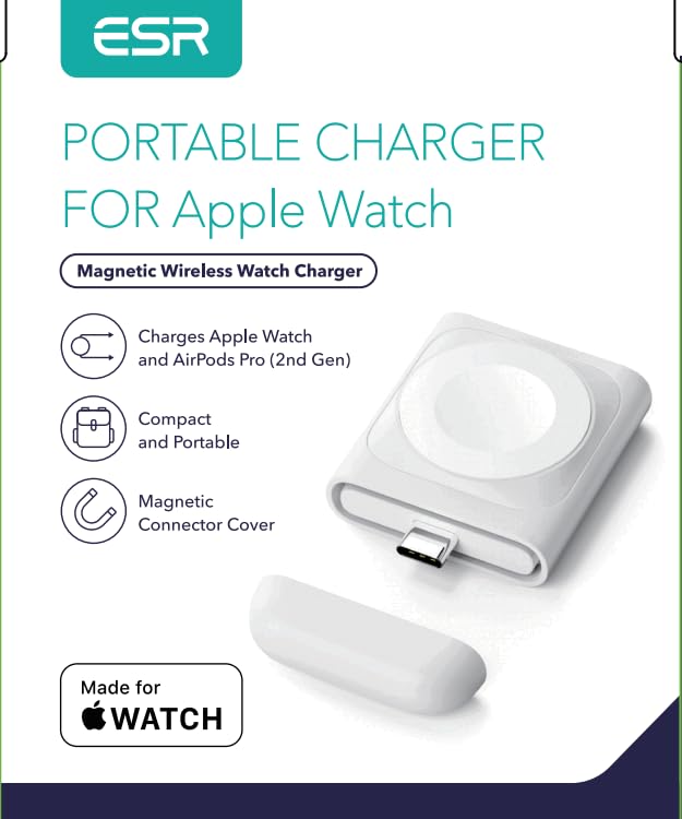 ESR Portable Charger for Apple Watch, Certified Made for Apple Watch, Small and Portable, Magnetic Cover, Fast Magnetic USB-C Charging for Apple Watch Ultra, Series 8/7/6/5/4/3/2/1, and SE