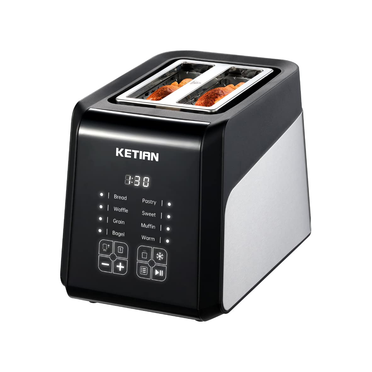 Touch Screen Toaster 2 Slice, KETIAN Bagel English Muffins Toast Pastry Waffles Grain Sweet Bread Toaster, Extra Wide Slots Single Slot Toasting Automatic Lifting, 1400w