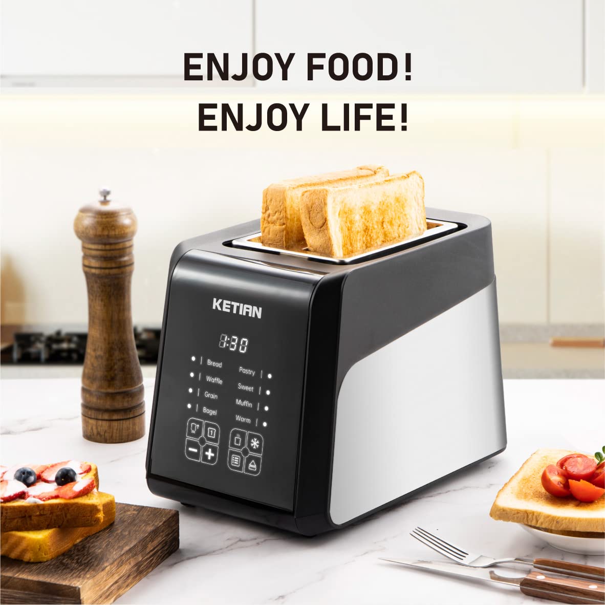 Touch Screen Toaster 2 Slice, KETIAN Bagel English Muffins Toast Pastry Waffles Grain Sweet Bread Toaster, Extra Wide Slots Single Slot Toasting Automatic Lifting, 1400w