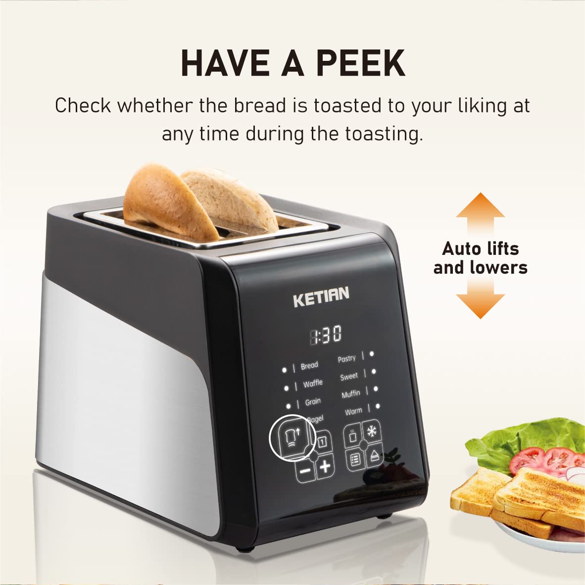 Touch Screen Toaster 2 Slice, KETIAN Bagel English Muffins Toast Pastry Waffles Grain Sweet Bread Toaster, Extra Wide Slots Single Slot Toasting Automatic Lifting, 1400w