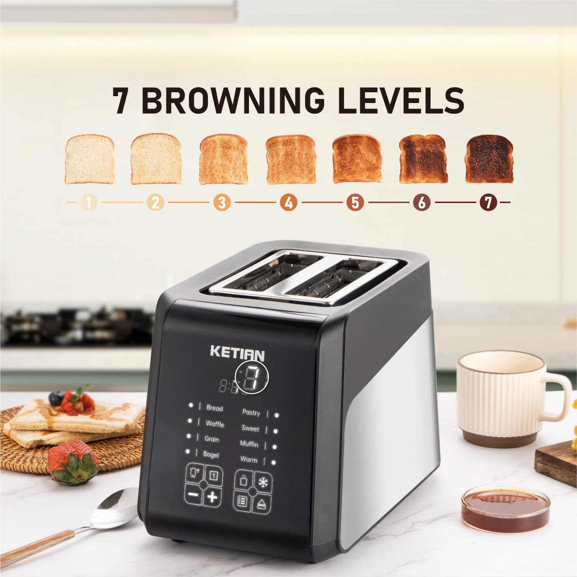 Touch Screen Toaster 2 Slice, KETIAN Bagel English Muffins Toast Pastry Waffles Grain Sweet Bread Toaster, Extra Wide Slots Single Slot Toasting Automatic Lifting, 1400w