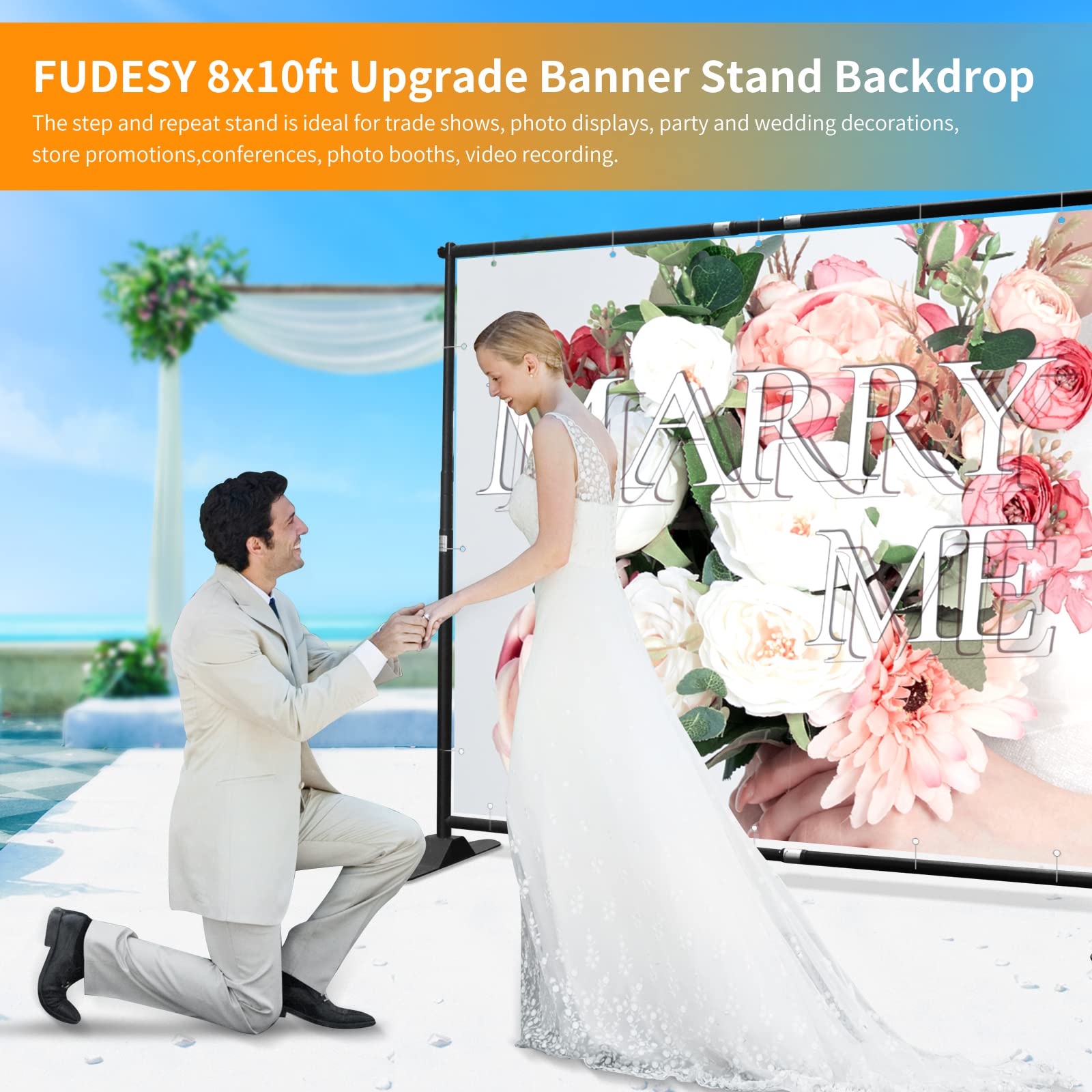 FUDESY 10x8 ft Backdrop Banner Stand, Heavy Duty Adjustable Background Stand Kit with Carrying Bag, Step and Repeat Photography Frame Stand for Trade Show Display Photo Booth Parties