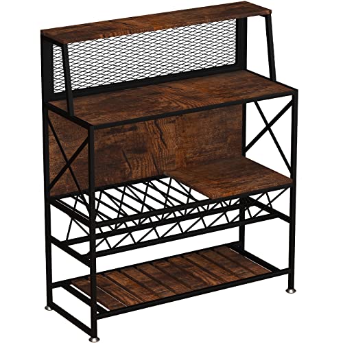 VEVOR Wine Rack Home Bar Table, Industrial Liquor Storage Cabinets with Glass Holder, Bakers Rack Freestanding with Large Capacity for Home Kitchen Dining Room, Hold 12 Bottles of Wine (Rustic Brown)