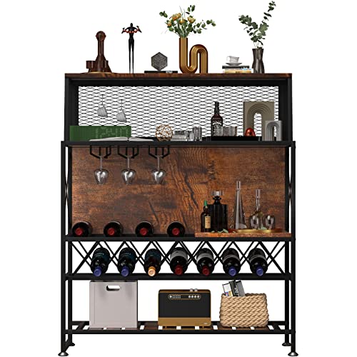 VEVOR Wine Rack Home Bar Table, Industrial Liquor Storage Cabinets with Glass Holder, Bakers Rack Freestanding with Large Capacity for Home Kitchen Dining Room, Hold 12 Bottles of Wine (Rustic Brown)