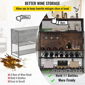 VEVOR Wine Rack Home Bar Table, Industrial Liquor Storage Cabinets with Glass Holder, Bakers Rack Freestanding with Large Capacity for Home Kitchen Dining Room, Hold 12 Bottles of Wine (Rustic Brown)