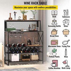 VEVOR Wine Rack Home Bar Table, Industrial Liquor Storage Cabinets with Glass Holder, Bakers Rack Freestanding with Large Capacity for Home Kitchen Dining Room, Hold 12 Bottles of Wine (Rustic Brown)