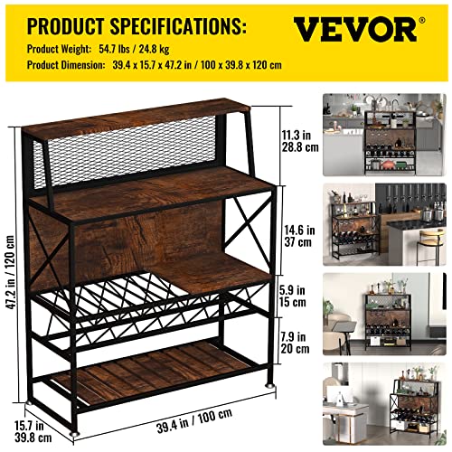 VEVOR Wine Rack Home Bar Table, Industrial Liquor Storage Cabinets with Glass Holder, Bakers Rack Freestanding with Large Capacity for Home Kitchen Dining Room, Hold 12 Bottles of Wine (Rustic Brown)