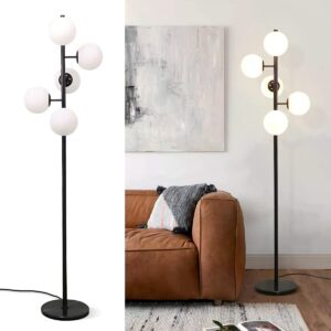 kco lighting contemporary led standing light 5-light frosted white glass globe floor lamp modern black corner tall pole lamp with foot switch for home office (black)