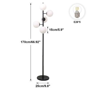 KCO Lighting Contemporary LED Standing Light 5-Light Frosted White Glass Globe Floor Lamp Modern Black Corner Tall Pole Lamp with Foot Switch for Home Office (Black)