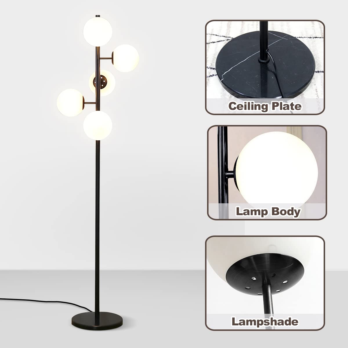 KCO Lighting Contemporary LED Standing Light 5-Light Frosted White Glass Globe Floor Lamp Modern Black Corner Tall Pole Lamp with Foot Switch for Home Office (Black)