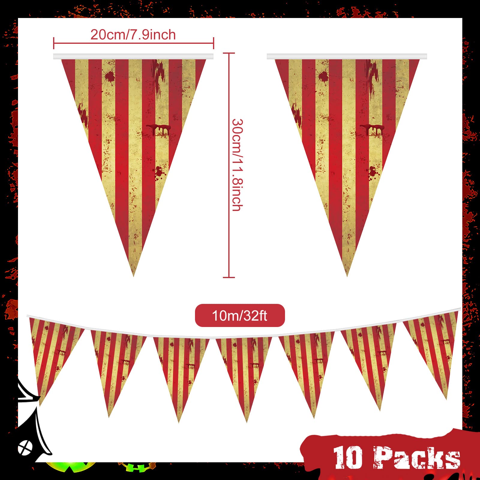 10 Packs Creepy Carnival Decorations Evil Halloween Striped Pennant Banner Triangle Bunting Flags Circus Theme Party Decorations Evil Carnival Decorations for Carnival Halloween Party Decorations