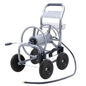 giraffe tools hose reel cart, hose cart with wheels heavy duty, industrial hose reels for outside, 250-feet of 5/8" hose capacity, hose guide pre-installed