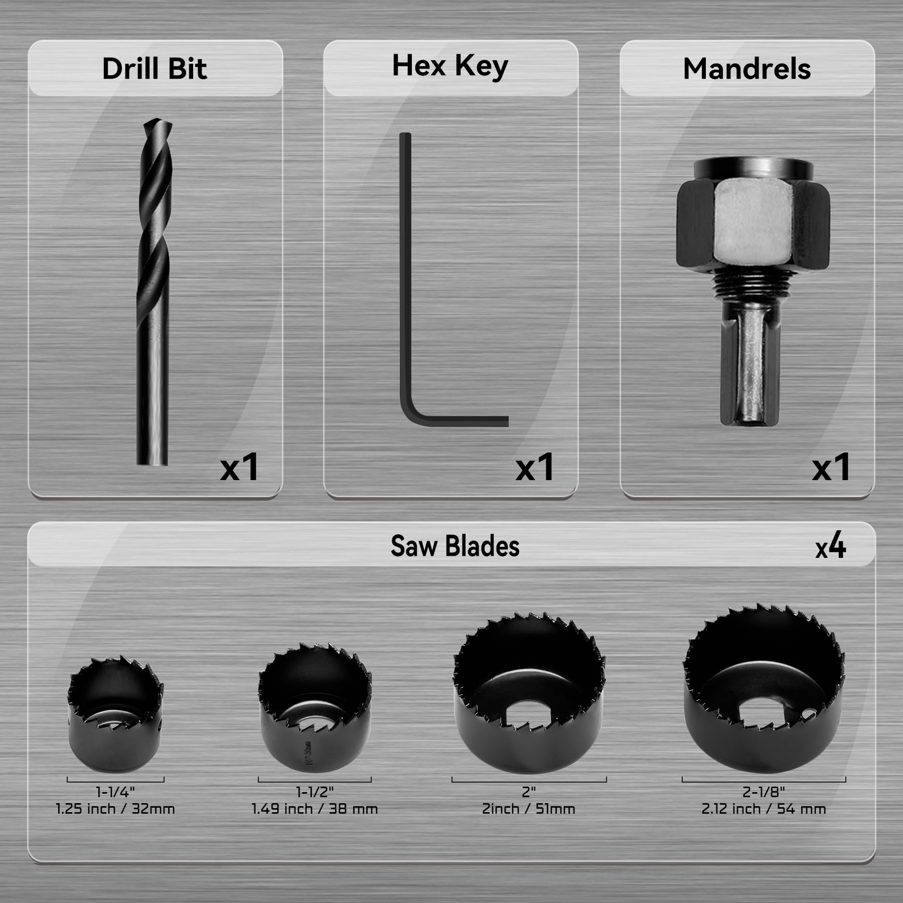 KATA 6PCS Hole Saw Kit 1-1/4" to 2-1/8"(32-54mm) Hole Saw Set in Case with Mandrels and Hex Key for Soft Wood, PVC Board, Plywood